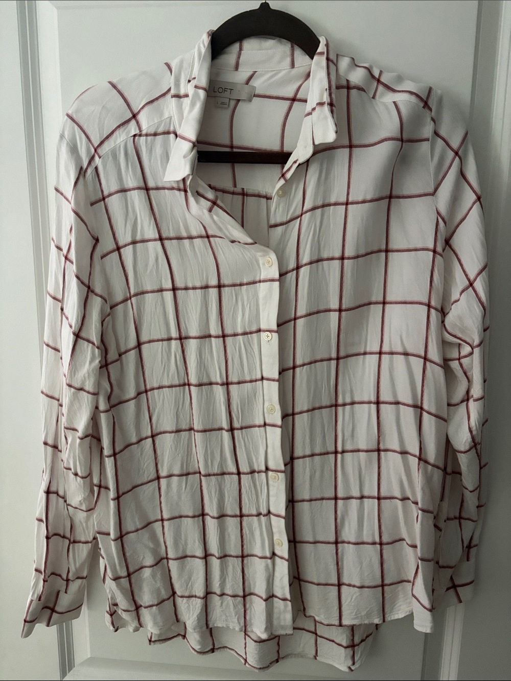 LOFT White Button-Front Shirt with Burgundy Windowpane Grid